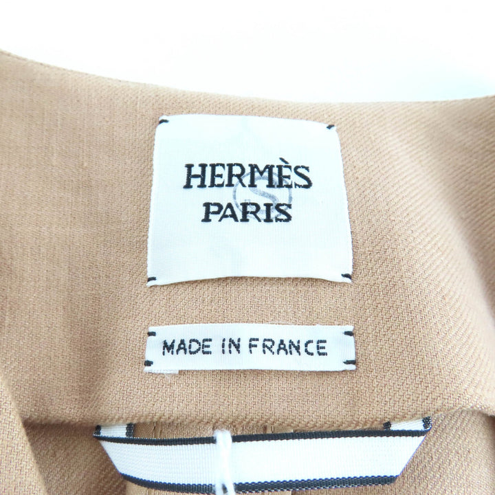未使用品★HERMES エルメス リネン コットン混 セリエボタン付 レザー使い ノーカラー ロングコート ベージュ 38 フランス製 レディース