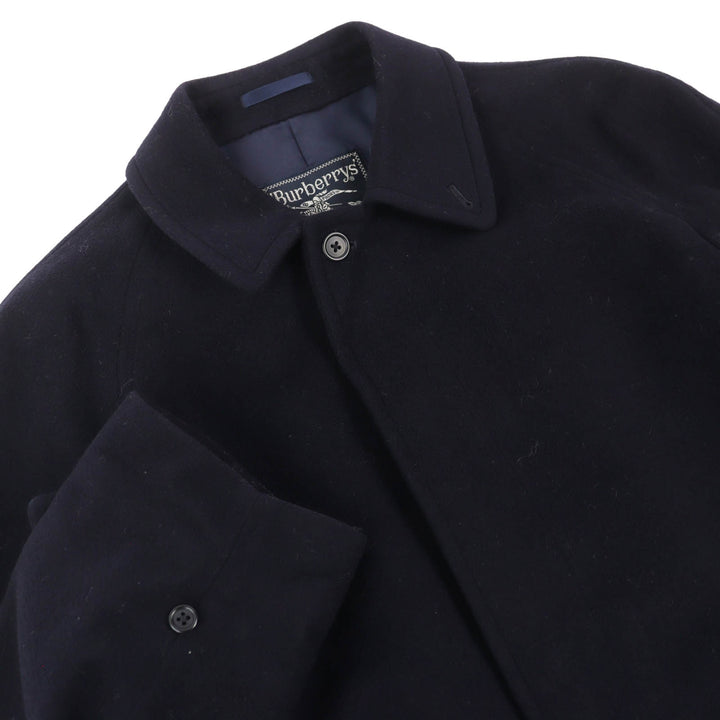 美品△Burberrys バーバリー ヴィンテージ ウール カシミヤ ロング ステンカラーコート ネイビー 90 165 メンズ シンプルデザイン◎