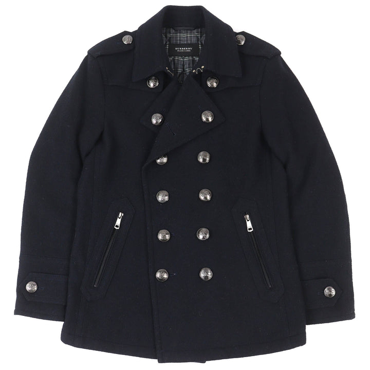 美品△BURBERRY BLACK LABEL バーバリーブラックレーベル 裏チェック ロゴメタルボタン 中綿 ウール ピーコート ダークネイビー M 正規品
