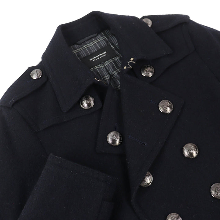 美品△BURBERRY BLACK LABEL バーバリーブラックレーベル 裏チェック ロゴメタルボタン 中綿 ウール ピーコート ダークネイビー M 正規品