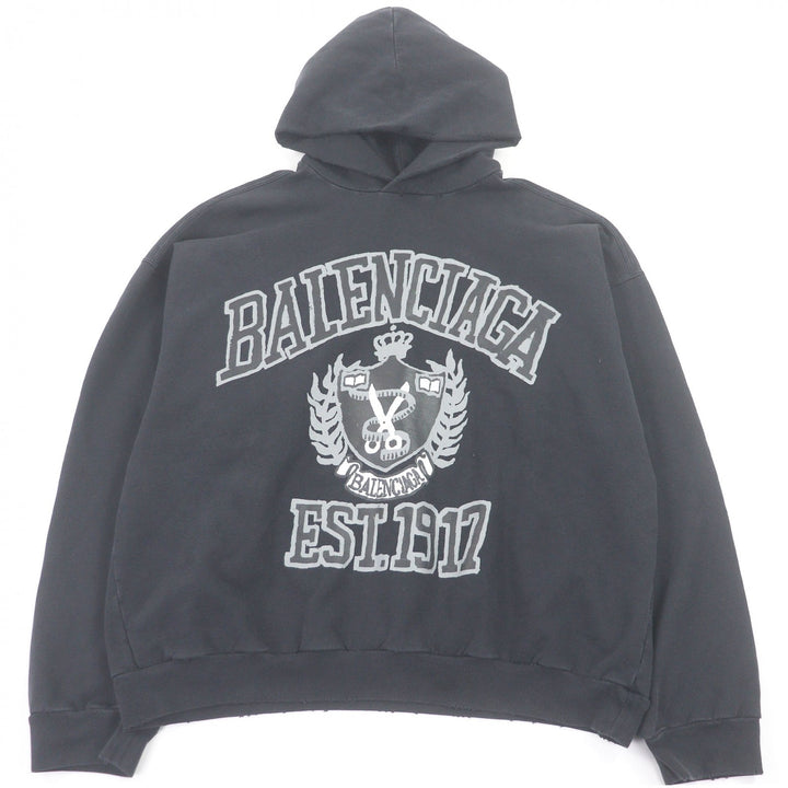 極美品□BALENCIAGA バレンシアガ 2023年製 744463 DIY COLLEGE LOGO HOODIE ダメージ加工 プルオーバーパーカー ブラック M 正規品