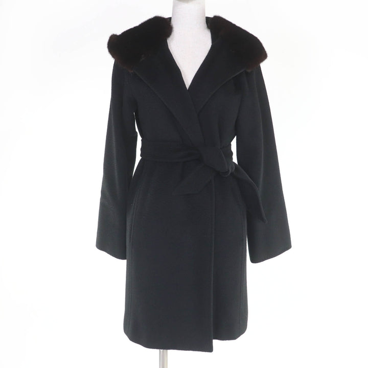 極美品☆Max Mara マックスマーラ キャメル100％ ミンクファー・フード・ベルト付 ラップコート ブラック 34 伊製 正規品 レディース