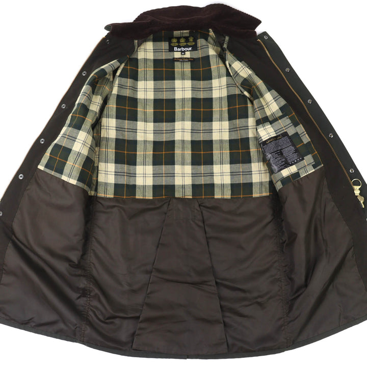 美品△Barbour バブアー NEW BURGHLEY WAX JACKET コットン100％ 裏地チェック柄 オイルド コート カーキ系 36 正規品 メンズ
