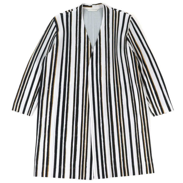 極美△HOMME PLISSE ISSEY MIYAKE オムプリッセ イッセイミヤケ HP91JD212 ストライプ Vネック ロング カーディガン ジャケット 1 正規品