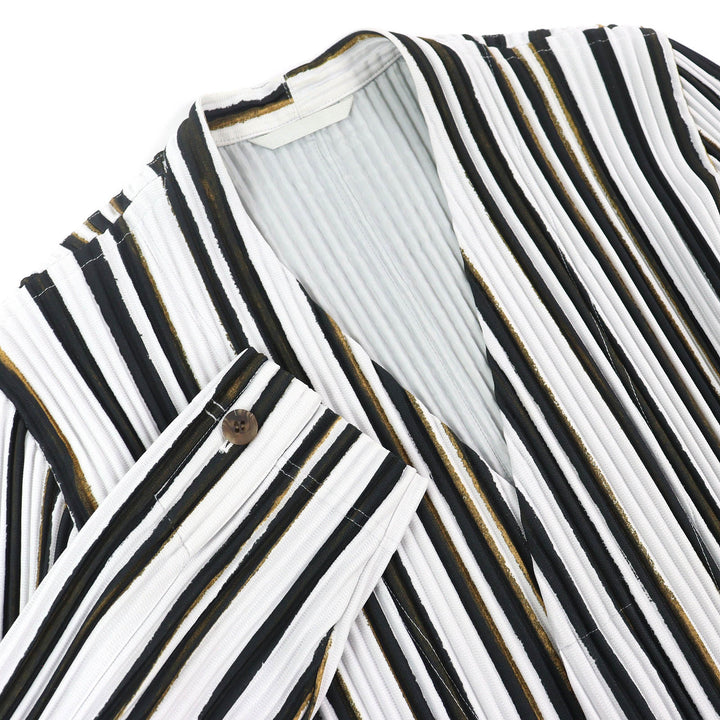 極美△HOMME PLISSE ISSEY MIYAKE オムプリッセ イッセイミヤケ HP91JD212 ストライプ Vネック ロング カーディガン ジャケット 1 正規品