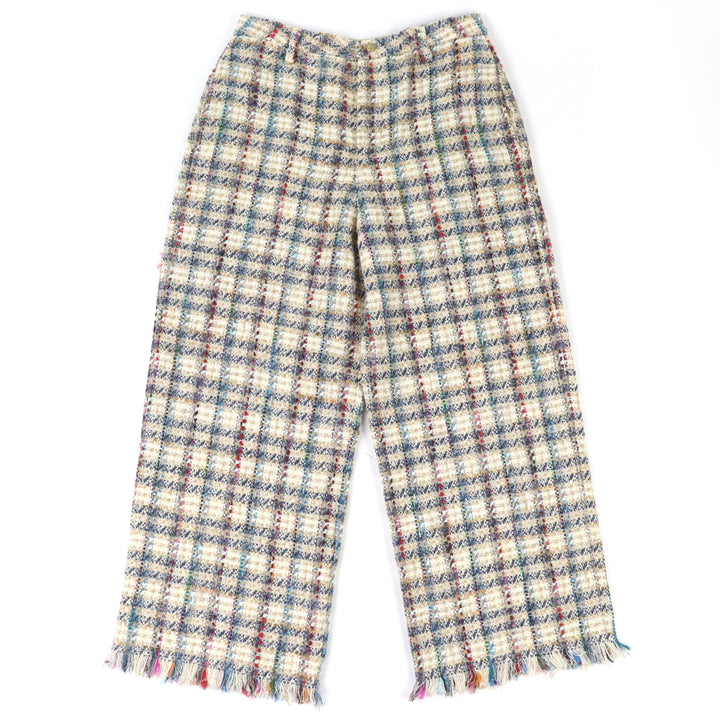 極美品△ETRO エトロ 211-14096-1579 コットン チェック柄 裾フリンジ ツイード パンツ ベージュ マルチカラー 42 伊製 正規品 メンズ