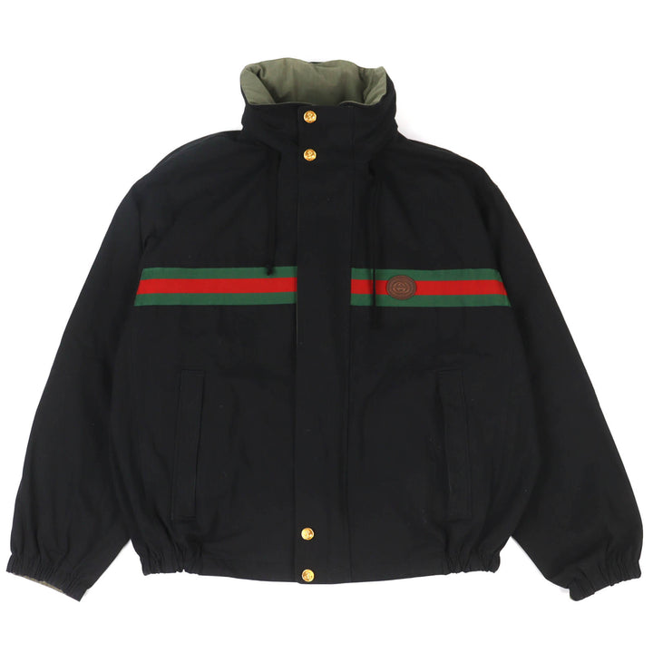 良品△GUCCI グッチ 639277 コットン インターロッキング ウェブストライプ リバーシブル ジャケット ブラック カーキ系 46 伊製 正規品