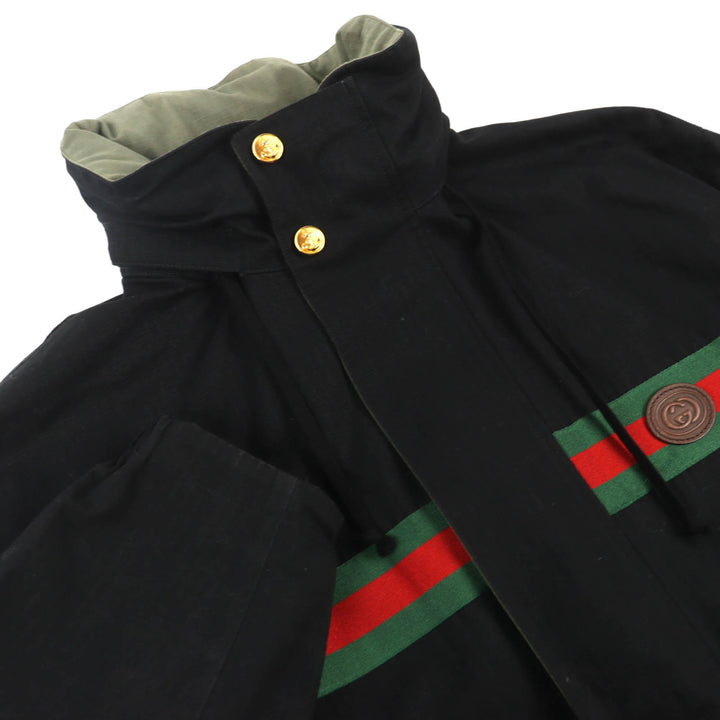 良品△GUCCI グッチ 639277 コットン インターロッキング ウェブストライプ リバーシブル ジャケット ブラック カーキ系 46 伊製 正規品