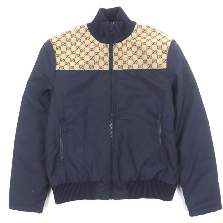 美品▼GUCCI グッチ 24SS 770762 GGキャンバス ロゴワッペン 中綿入り ジップアップ ブルゾン ジャケット ネイビー ベージュ 50 正規品