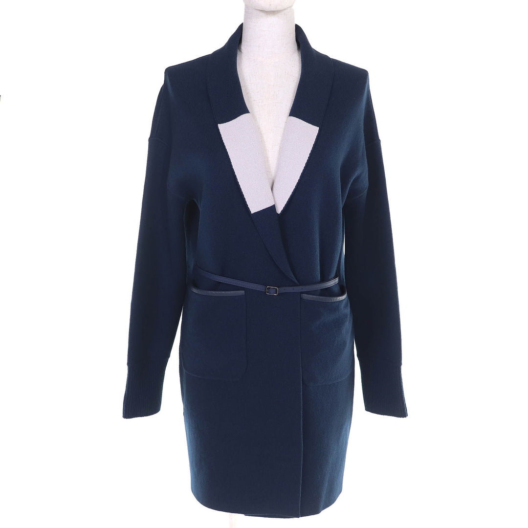 極美品□Loro Piana ロロピアーナ FAI0388 ベビーカシミヤ100％ レザーパイピング リバーシブル ロングニットカーディガン S 伊製 正規品