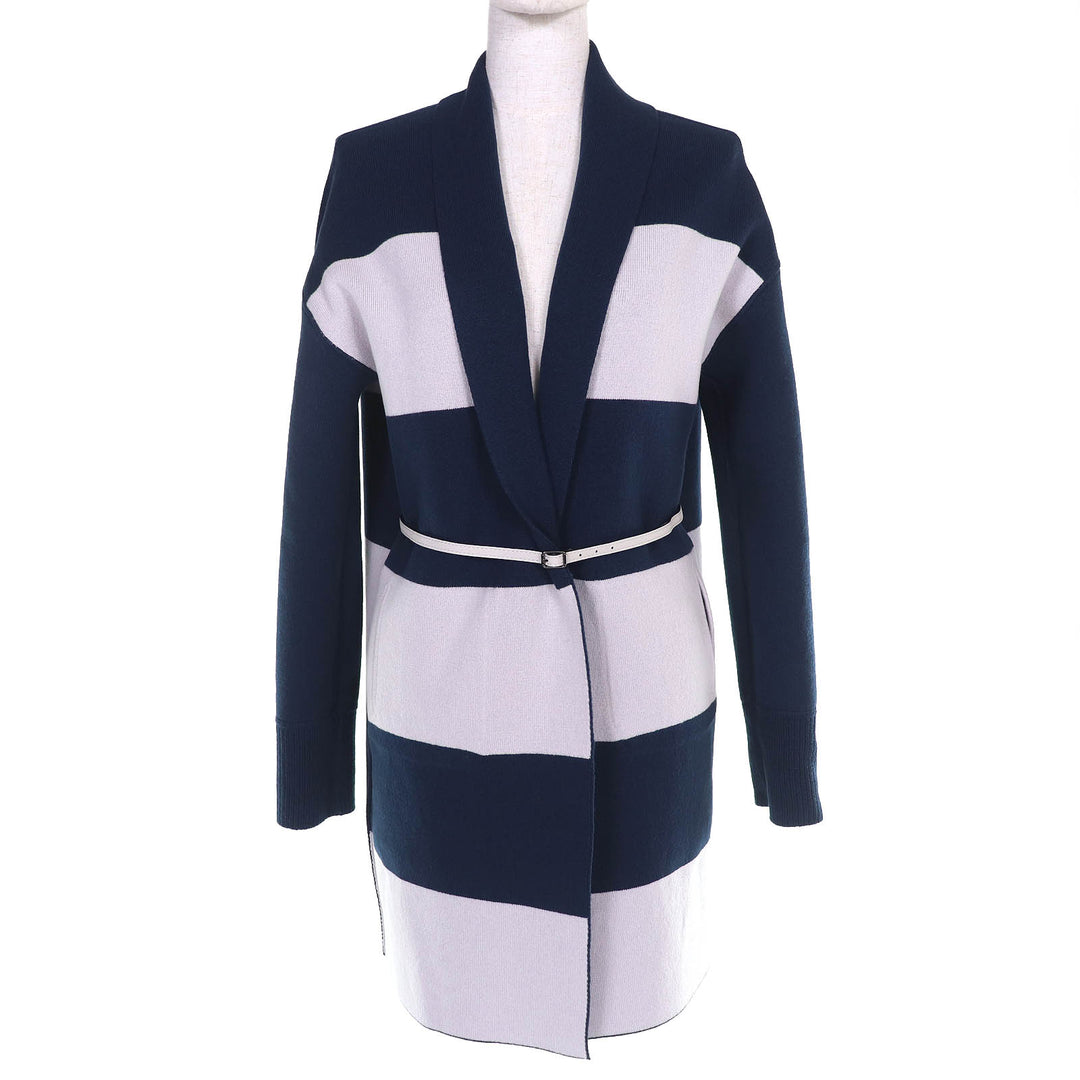 極美品□Loro Piana ロロピアーナ FAI0388 ベビーカシミヤ100％ レザーパイピング リバーシブル ロングニットカーディガン S 伊製 正規品