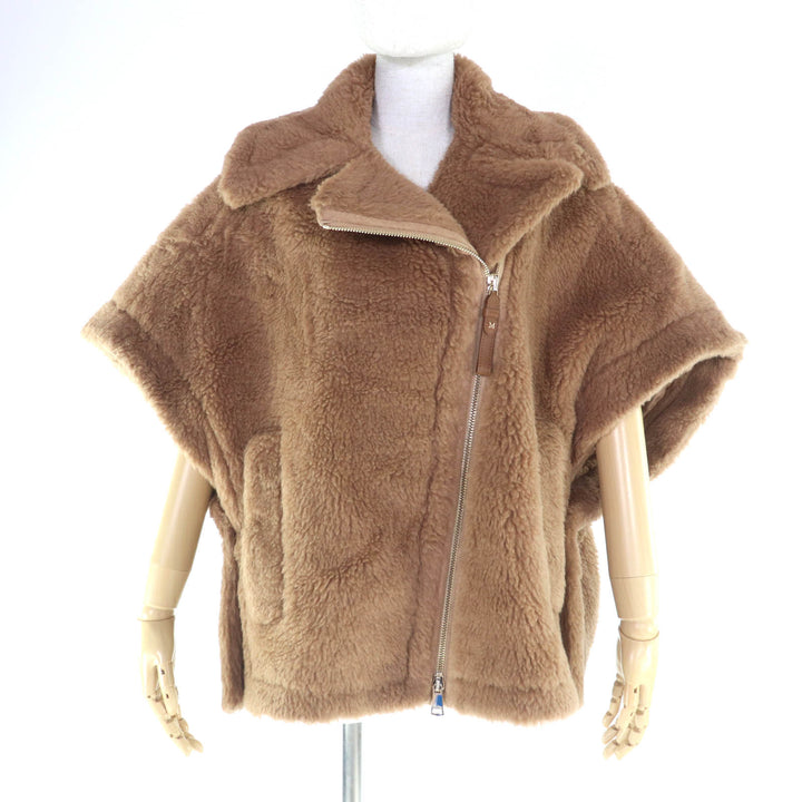 極美品★Max Mara マックスマーラ 2024年製 24247363426 NEWMANTO TEDDY CAPE キャメル シルク混 レザーZIP ケープ ポンチョ SM 正規品