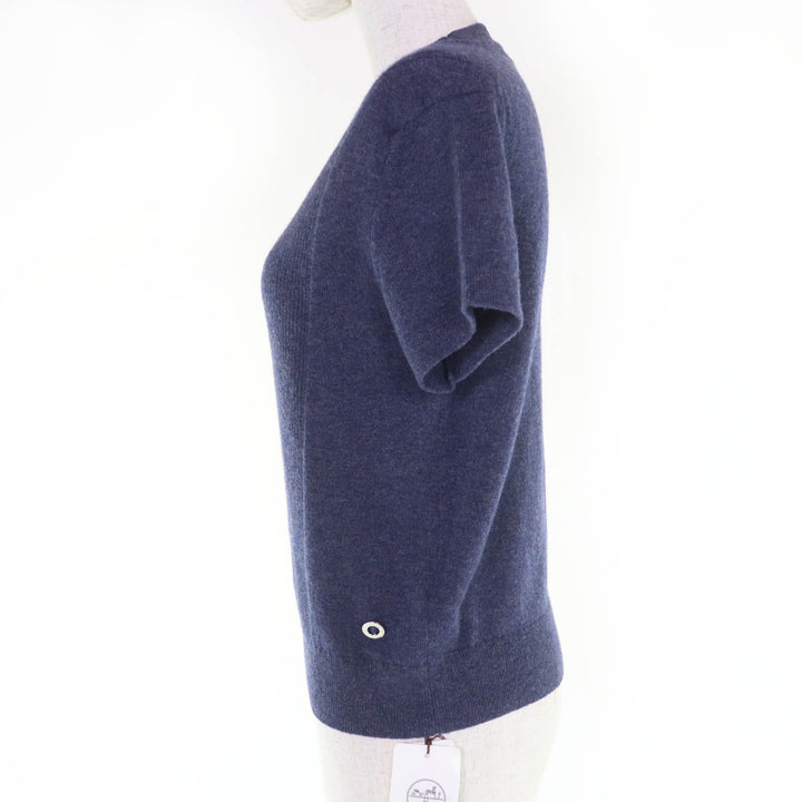 未使用品☆HERMES エルメス 24AW 4H2600D1 カシミヤ100％ サークルロゴ 半袖ニット ネイビー 40 イギリス製 正規品 レディース