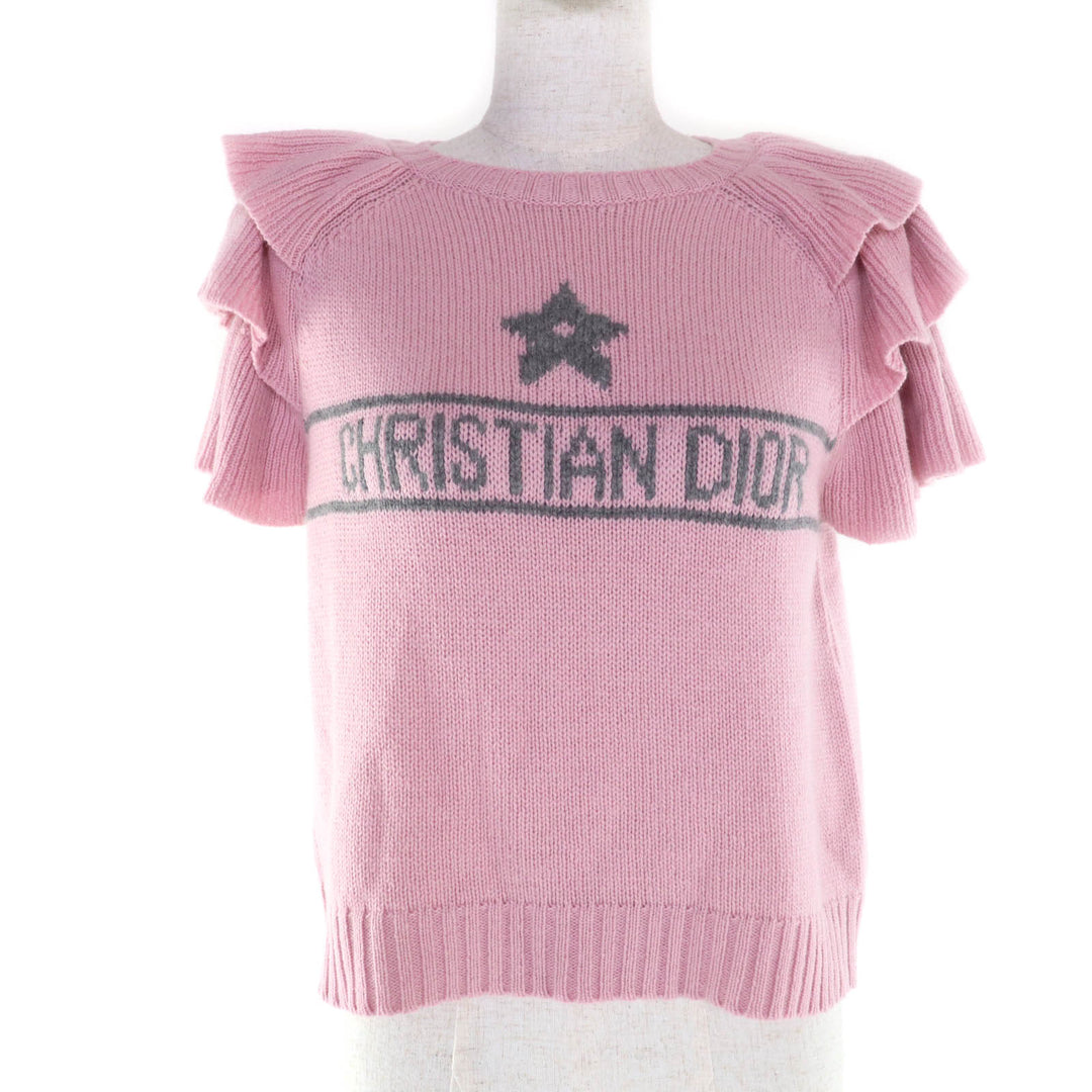 極美品★Christian Dior クリスチャンディオール 344S13BM003 カシミヤ100％ フリル ショートスリーブ ニット ピンク グレー 42 正規品