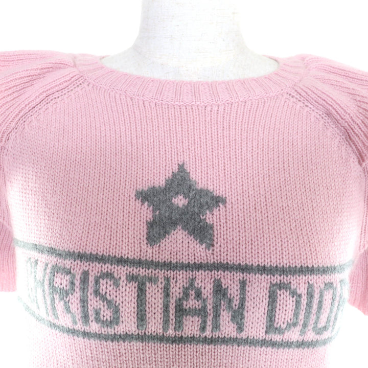 極美品★Christian Dior クリスチャンディオール 344S13BM003 カシミヤ100％ フリル ショートスリーブ ニット ピンク グレー 42 正規品