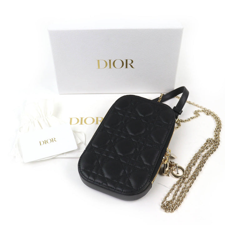 極美品△Christian Dior クリスチャンディオール S0872ONMJ レディディオール カナージュ フォンポーチ ラムスキン ブラック 定価195000