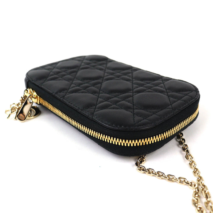極美品△Christian Dior クリスチャンディオール S0872ONMJ レディディオール カナージュ フォンポーチ ラムスキン ブラック 定価195000