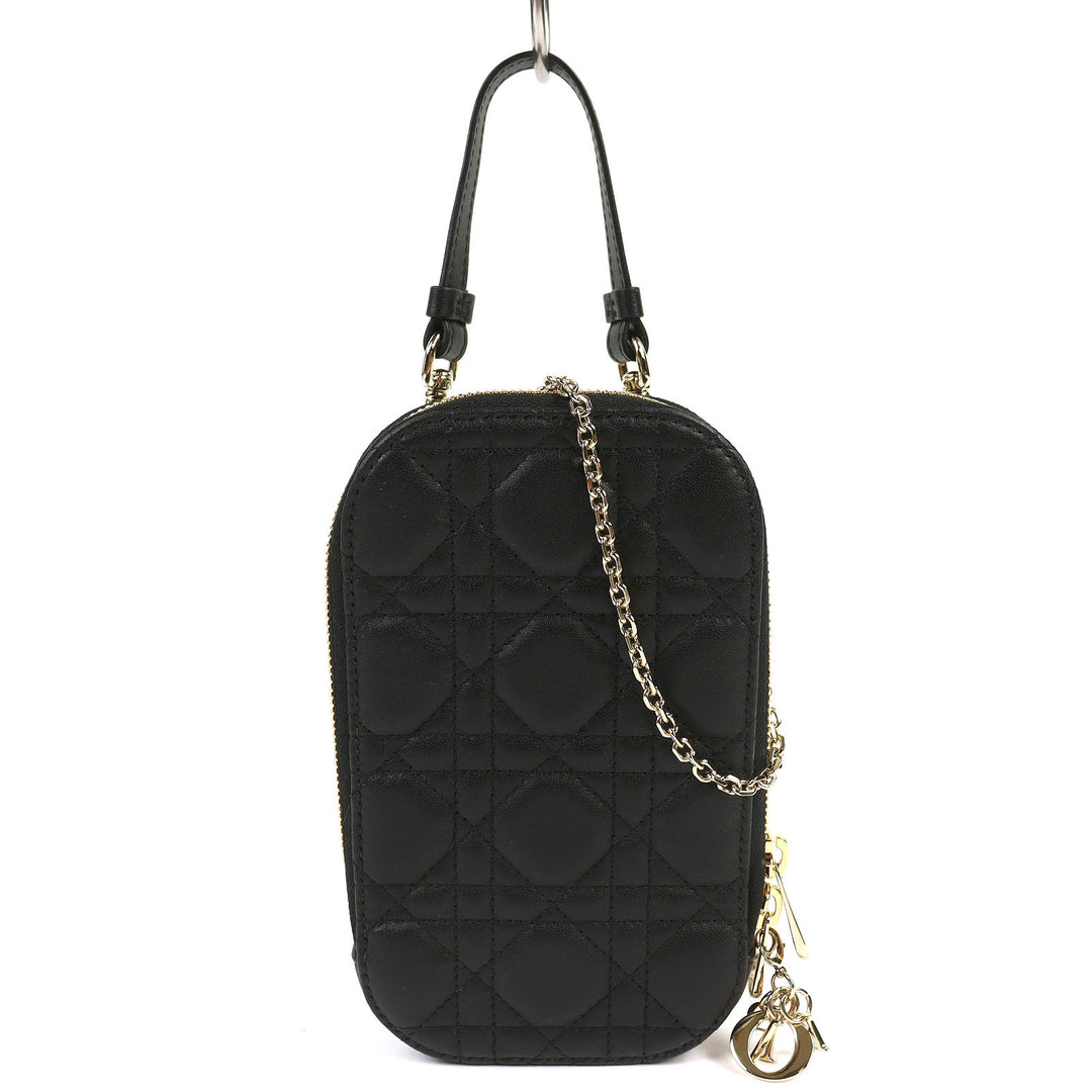 極美品△Christian Dior クリスチャンディオール S0872ONMJ レディディオール カナージュ フォンポーチ ラムスキン ブラック 定価195000