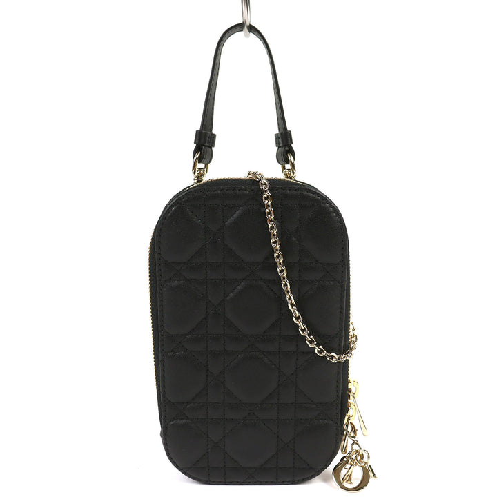 極美品△Christian Dior クリスチャンディオール S0872ONMJ レディディオール カナージュ フォンポーチ ラムスキン ブラック 定価195000