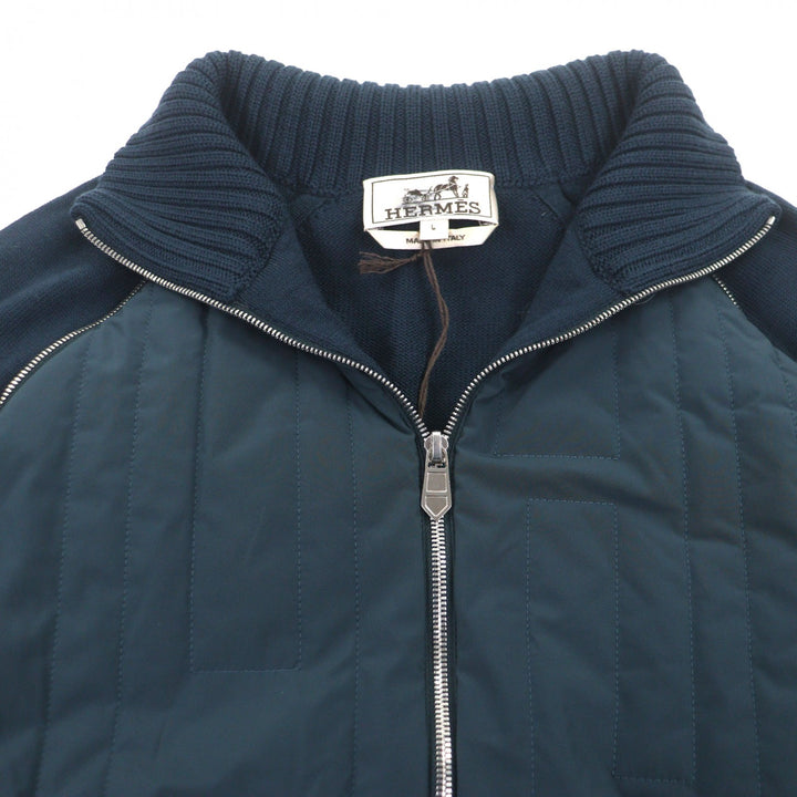 未使用品▼HERMES エルメス ウール100% Hモチーフ キルティング 中綿入り 2WAY WZIPUP ブルゾン パテッド ジャケット ネイビー L メンズ