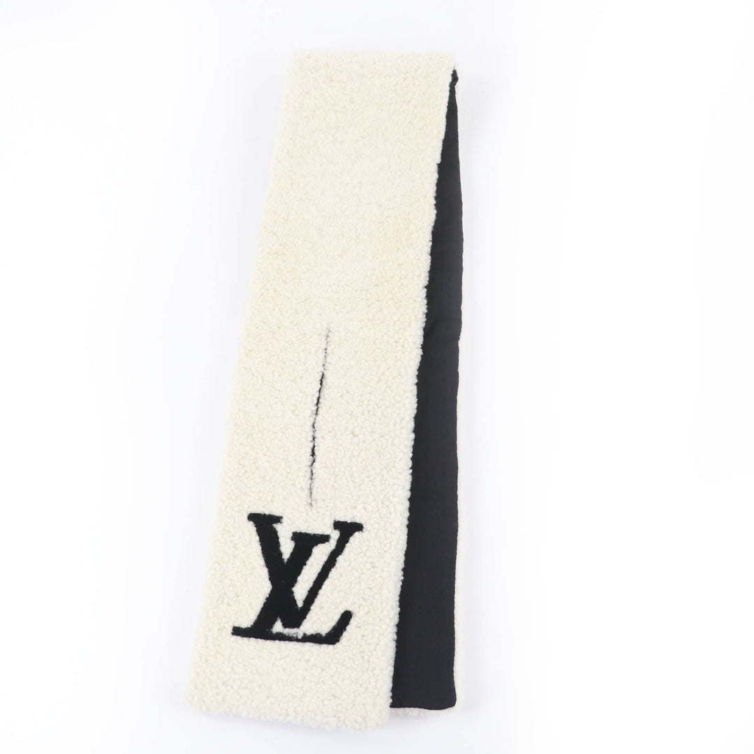 美品☆LOUIS VUITTON ルイヴィトン M77054 エシャルプ・シャーリング LVロゴ シアリングムートン マフラー アイボリー 伊製 正規品