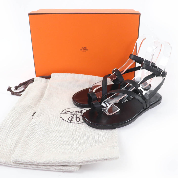 未使用品☆HERMES エルメス アルモニ シルバー金具 H金具 アンクルストラップ レザー サンダル ブラック 35 箱・保袋付 伊製 レディース