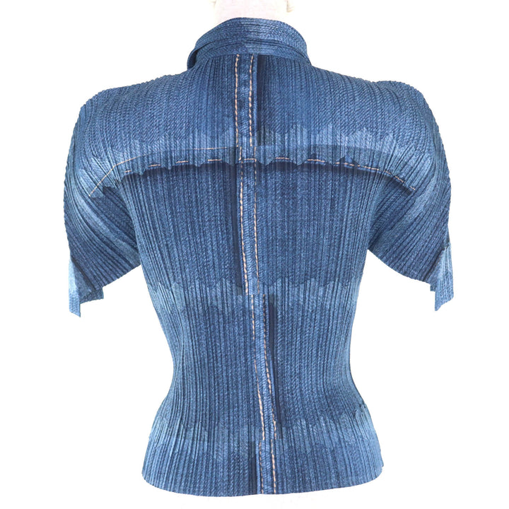 極美品◇PLEATS PLEASE プリーツプリーズ イッセイミヤケ PP12-JJ522 パッチワーク デニム転写 半袖シャツ 3 日本製 正規品 レディース
