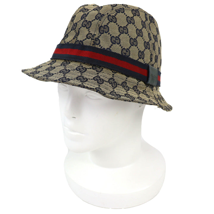 美品△GUCCI グッチ 030367 コットン GGキャンバス バケットハット 帽子 ベージュ ネイビー レッド M イタリア製 正規品 レディース