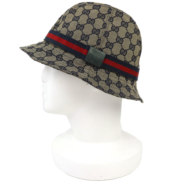美品△GUCCI グッチ 030367 コットン GGキャンバス バケットハット 帽子 ベージュ ネイビー レッド M イタリア製 正規品 レディース