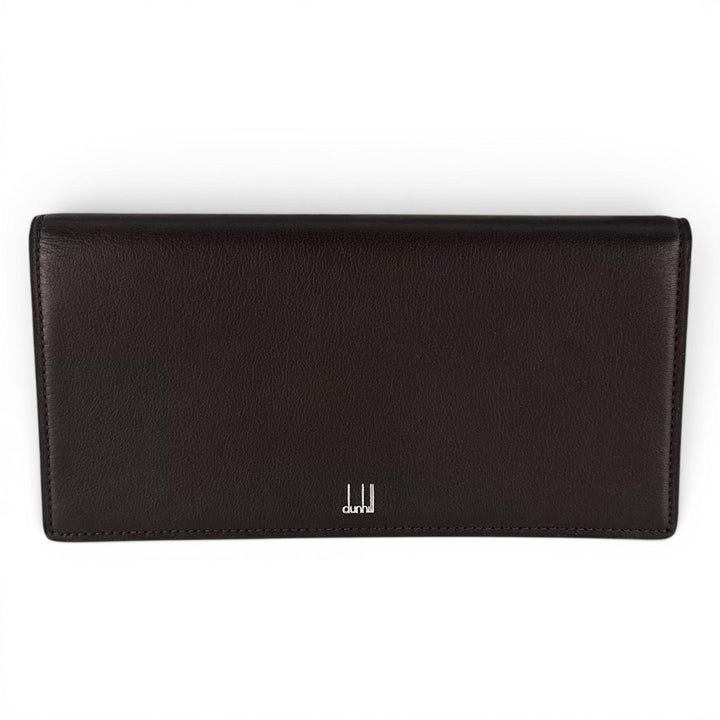 未使用品▲Dunhill ダンヒル カーフレザー ロゴ入り 二つ折り レザーウォレット 札入れ 長財布 ダークブラウン フランス製 メンズ 箱付き