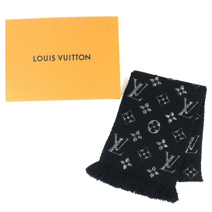 極美品△LOUIS VUITTON ルイヴィトン 2018年製 M75833 エシャルプ ロゴマニア シャイン シルク混 モノグラム マフラー ノワール 正規品
