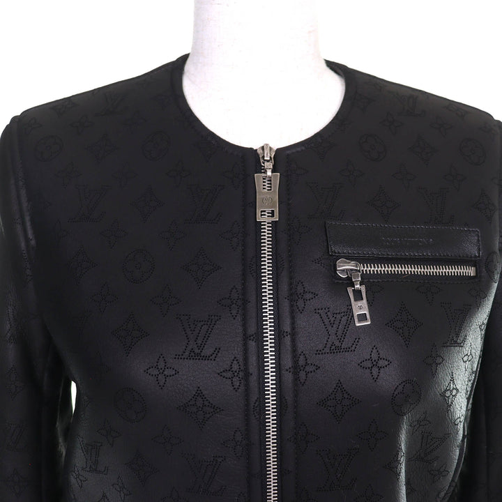 極美品△LOUIS VUITTON ルイヴィトン 2022年 モノグラム ノーカラー スムースレザー ムートン ライダースジャケット ブラック 34 正規品
