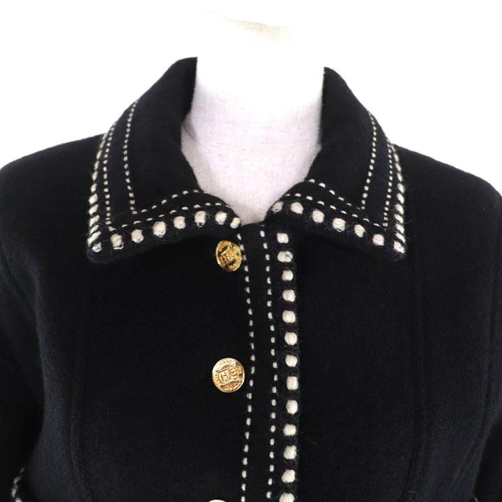 極美品★シャネル ヴィンテージ 20737 裏地シルク100％ 希少 ココボタン 金ボタン 80S ウール クロップド ツイード セットアップ 黒 40