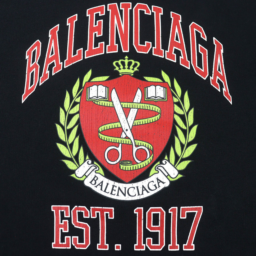 美品△BALENCIAGA バレンシアガ 22SS 674986 コットン100％ ユーズド加工 カレッジロゴプリント パーカー ブラック 2 正規品 メンズ