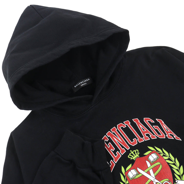 美品△BALENCIAGA バレンシアガ 22SS 674986 コットン100％ ユーズド加工 カレッジロゴプリント パーカー ブラック 2 正規品 メンズ