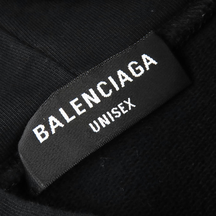 美品△BALENCIAGA バレンシアガ 22SS 674986 コットン100％ ユーズド加工 カレッジロゴプリント パーカー ブラック 2 正規品 メンズ