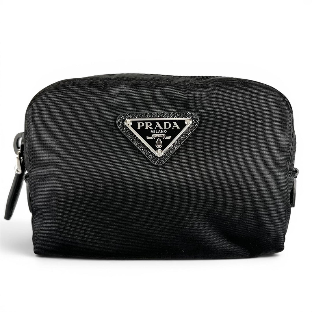 極美品▲PRADA プラダ Re-Nylon トライアングルロゴ コスメポーチ ナイロンポーチ ブラック イタリア製 レディース 箱付き