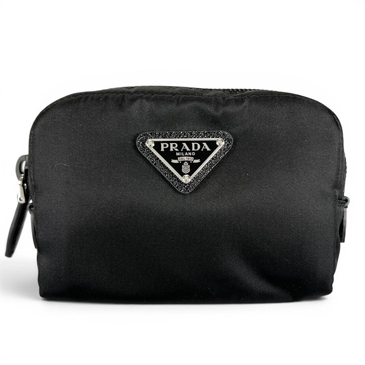 極美品▲PRADA プラダ Re-Nylon トライアングルロゴ コスメポーチ ナイロンポーチ ブラック イタリア製 レディース 箱付き