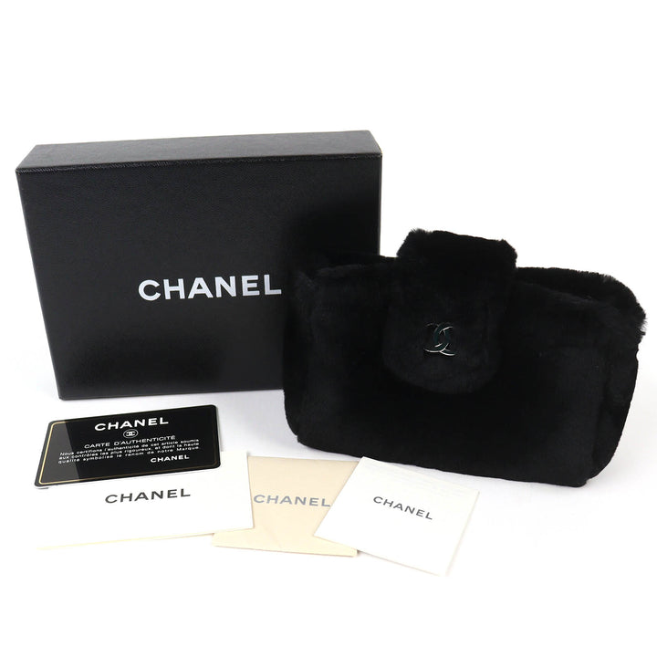 極美品△CHANEL シャネル ヴィンテージ ココマーク レザー使い オリラグファー ポーチ 小物入れ ブラック シルバー金具 箱付 イタリア製