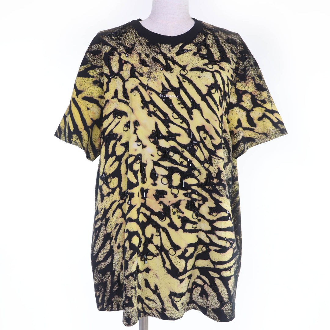 極美品☆GIVENCHY ジバンシィ BW707Z3Z58 コットン100％ アニマル柄 フロント装飾 半袖Ｔシャツ イエロー ブラック L 正規品 レディース