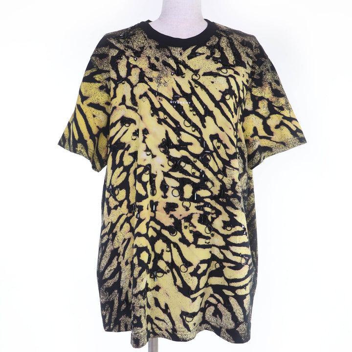 極美品☆GIVENCHY ジバンシィ BW707Z3Z58 コットン100％ アニマル柄 フロント装飾 半袖Ｔシャツ イエロー ブラック L 正規品 レディース
