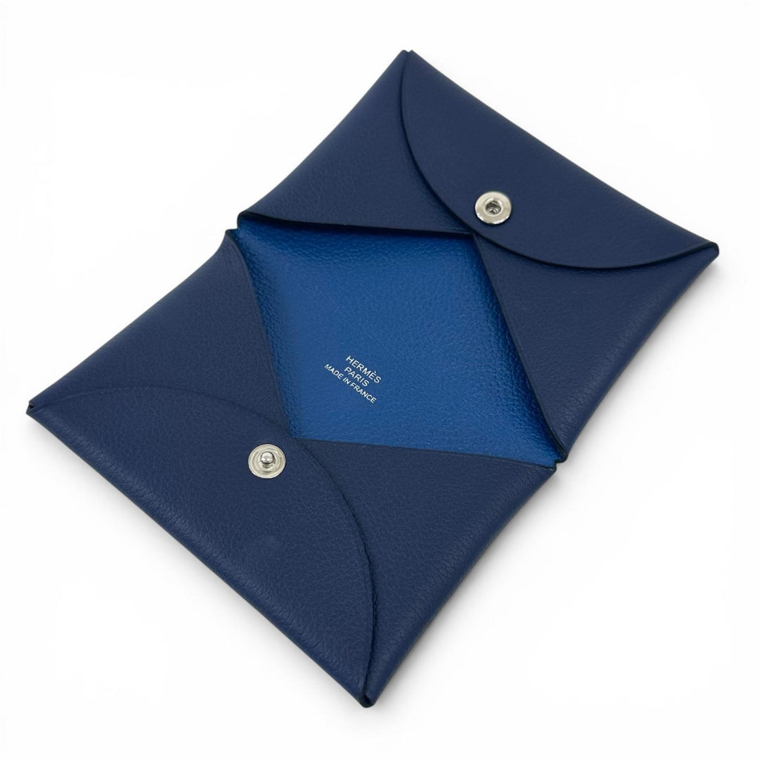 極美品▲HERMES エルメス カルヴィ デュオ コンパクト エヴァーカラー ヴェルソ カードケース コインケース ブルー Z刻印 レディース