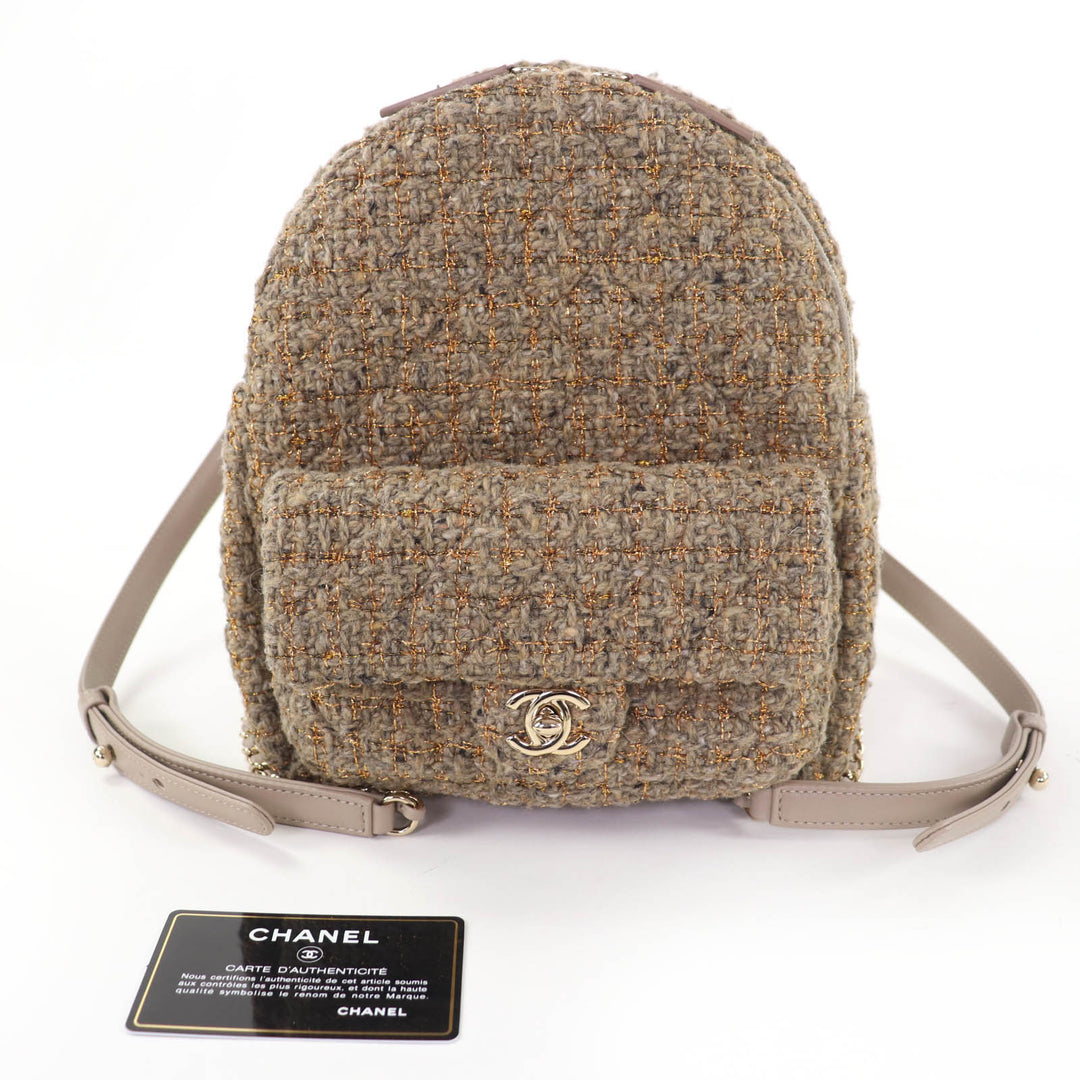 極美品☆CHANEL シャネル ココマーク ターンロック マトラッセ ツイード チェーンショルダー リュック・デイパック ブラウン系 伊製