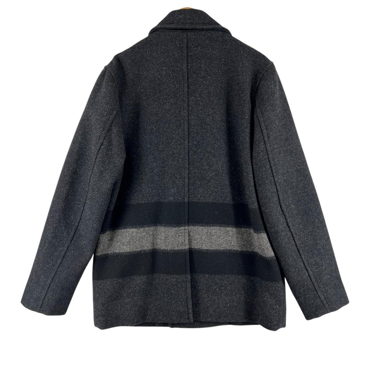 極美品▲COACH コーチ F86518 ロゴボタン レザートリミング ボーダー ダブルブレスト Pコート ピーコート ダークグレー M 正規品 メンズ