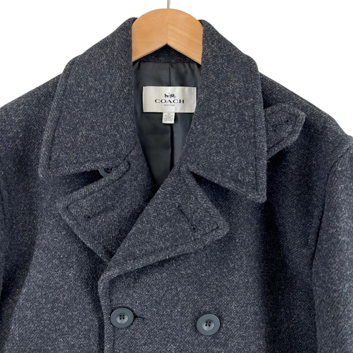 極美品▲COACH コーチ F86518 ロゴボタン レザートリミング ボーダー ダブルブレスト Pコート ピーコート ダークグレー M 正規品 メンズ