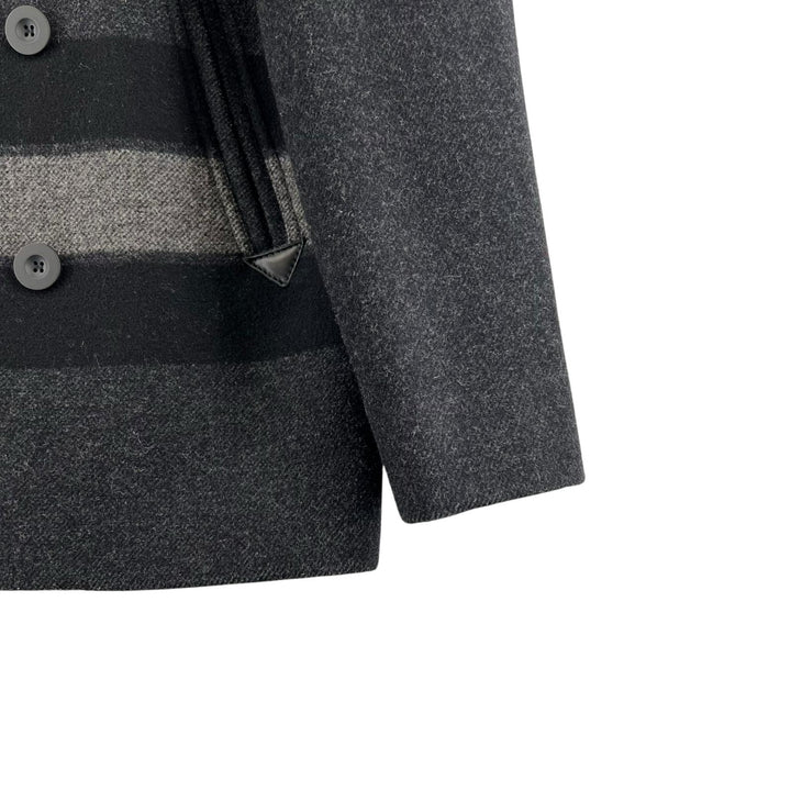 極美品▲COACH コーチ F86518 ロゴボタン レザートリミング ボーダー ダブルブレスト Pコート ピーコート ダークグレー M 正規品 メンズ