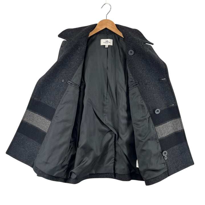 極美品▲COACH コーチ F86518 ロゴボタン レザートリミング ボーダー ダブルブレスト Pコート ピーコート ダークグレー M 正規品 メンズ