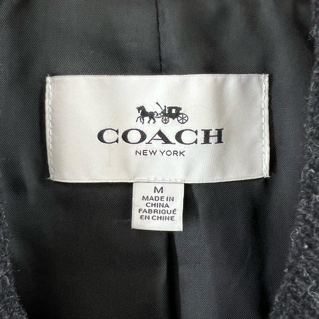 極美品▲COACH コーチ F86518 ロゴボタン レザートリミング ボーダー ダブルブレスト Pコート ピーコート ダークグレー M 正規品 メンズ