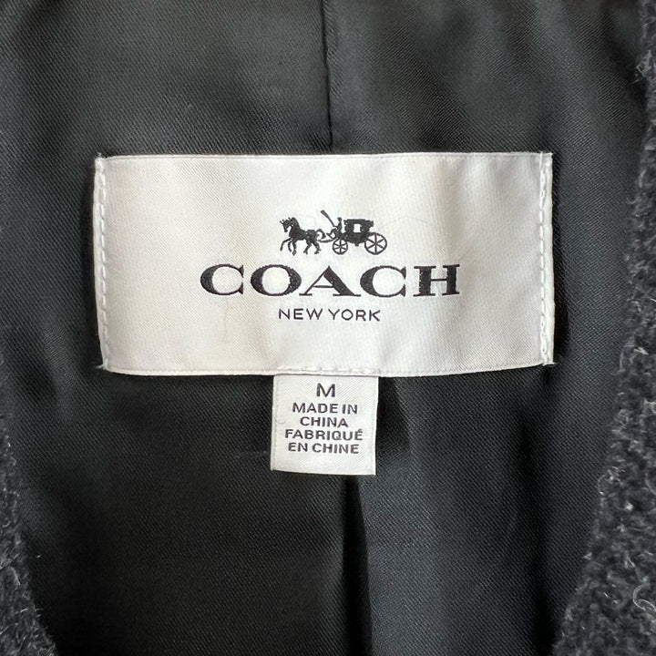 極美品▲COACH コーチ F86518 ロゴボタン レザートリミング ボーダー ダブルブレスト Pコート ピーコート ダークグレー M 正規品 メンズ