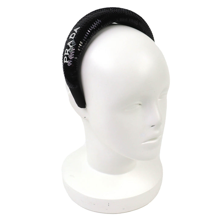 極美品△PRADA プラダ 1IH019 ロゴ スパンコール カチューシャ ヘアバンド ヘッドバンド ヘアアクセサリー ブラック レディース オススメ